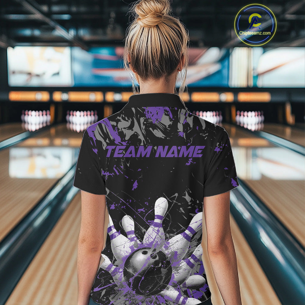 Custom Black And Purple Splatter Camo Bowling Team Polo Shirts For Women IPHW10798