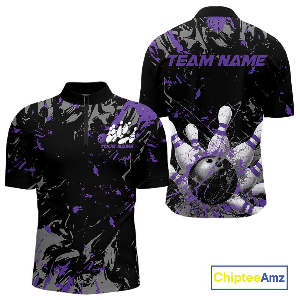 Custom Black And Purple Splatter Camo Bowling Team Quarter-Zip Shirts For Men IPHW10798