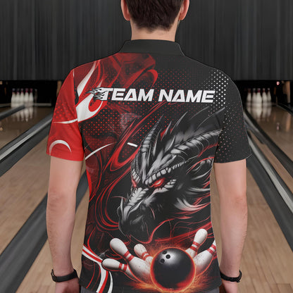 Custom Black And Red Flame Dragon Bowling Jerseys, Dragon Bowling Team Men Polo Shirts IPHW8919