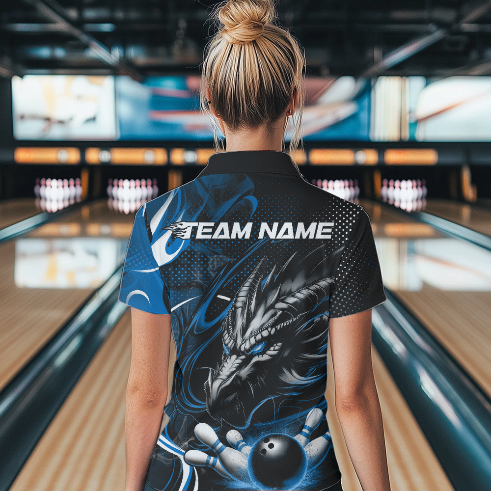 Custom Black And Blue Flame Dragon Bowling Jerseys, Dragon Bowling Team Women Polo Shirts IPHW8920