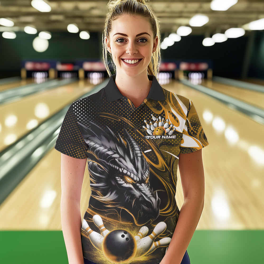 Custom Black And Yellow Flame Dragon Bowling Jerseys, Dragon Bowling Team Women Polo Shirts IPHW8921