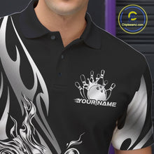 Load image into Gallery viewer, Custom Black And Silver Tribal Flame Men Bowling Polo Shirt, Bowling Tournament Shirt IPHW11285