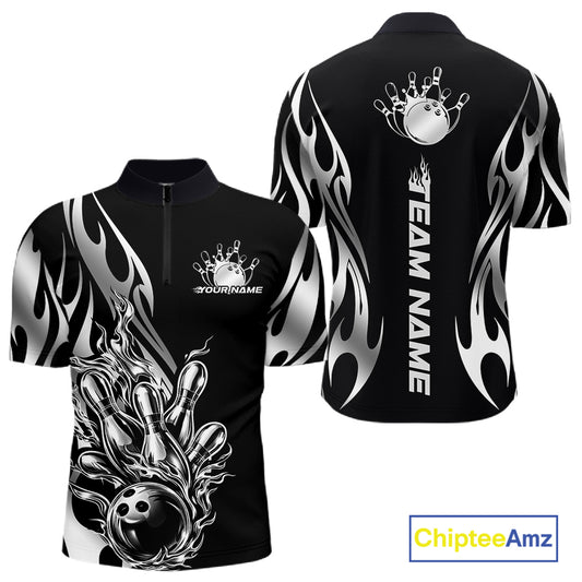 Front and back mockup of black quarter zip shirt with silver metal tribal flame and bowling ball striking pins in clean, modern sports apparel style.