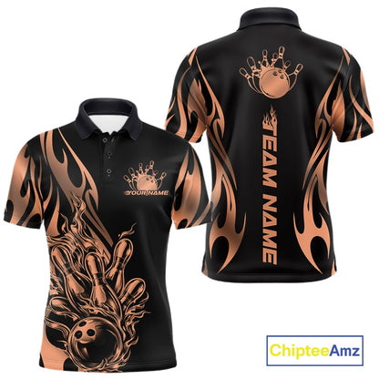 Front and back view mockup of a men’s black polo shirt featuring a rose gold gradient tribal flame bowling ball striking pins in a premium sports apparel design.