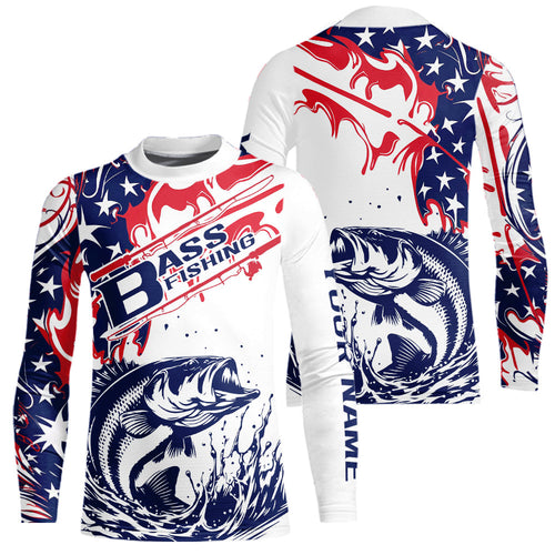Custom American Flag Largemouth Bass Kid Long Sleeve Fishing Shirts, Patriotic Bass Fishing Jerseys IPHW9132