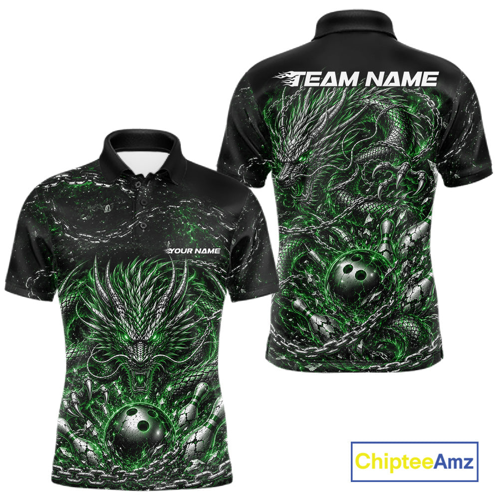 Custom black and green dragon bowling jersey with metal chain design for team tournament apparel