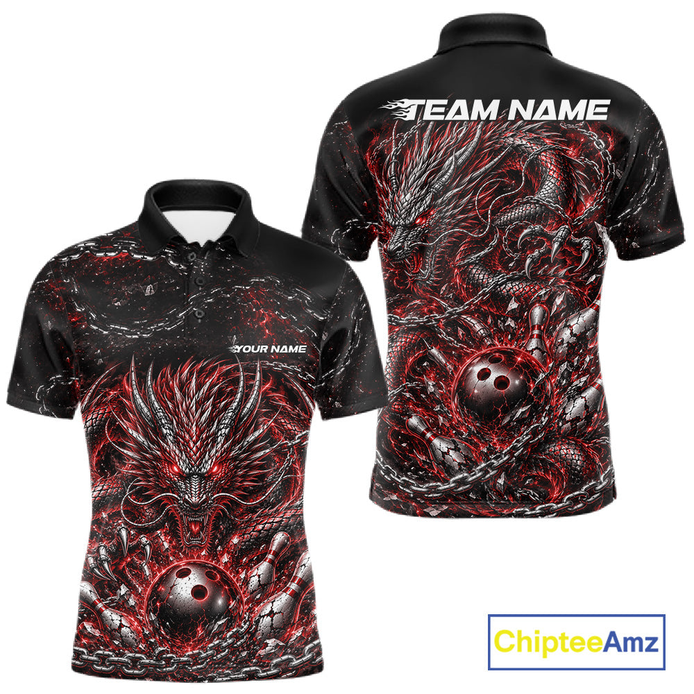 Custom black and red dragon bowling jersey with metal chain design for team tournament apparel