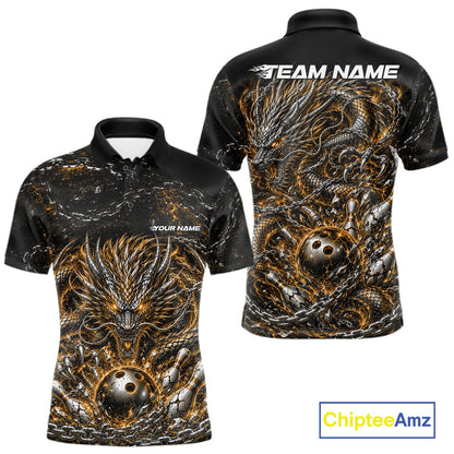 Custom black and yellow dragon bowling jersey with metal chain design for team tournament apparel