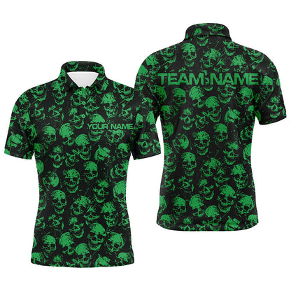 Custom Black And Green Skull Halloween Bowling Shirts For Men, Halloween Outfits For Bowlers IPHW7164
