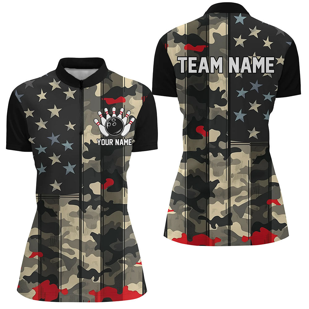 Custom American Flag Patriotic Bowling Shirts For Women, Camo Bowling Team Jerseys IPHW7173
