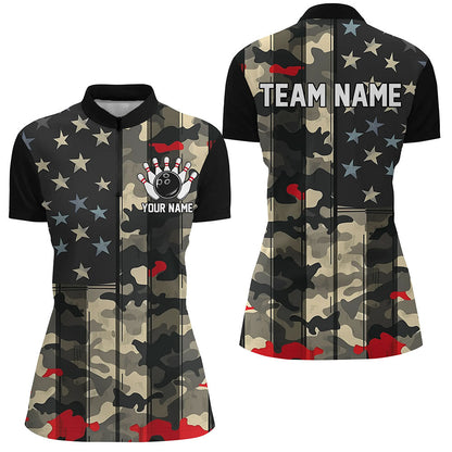 Custom American Flag Patriotic Bowling Shirts For Women, Camo Bowling Team Jerseys IPHW7173