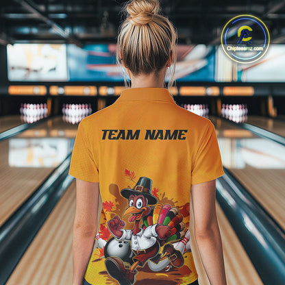 Custom Funny Thanksgiving Turkey Bowling Women Polo Shirts, Thanksgiving Bowler Outfit IPHW9724