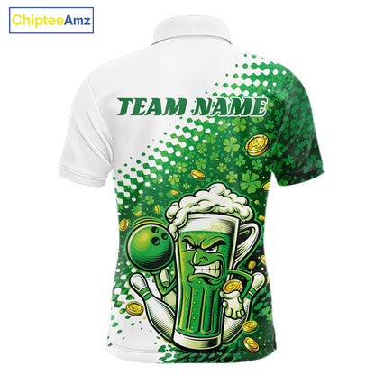 Custom Funny St Patricks Day Beer Bowling Team Shirts, Green Shamrock And Gold Coin Bowling Jerseys IPHW10521