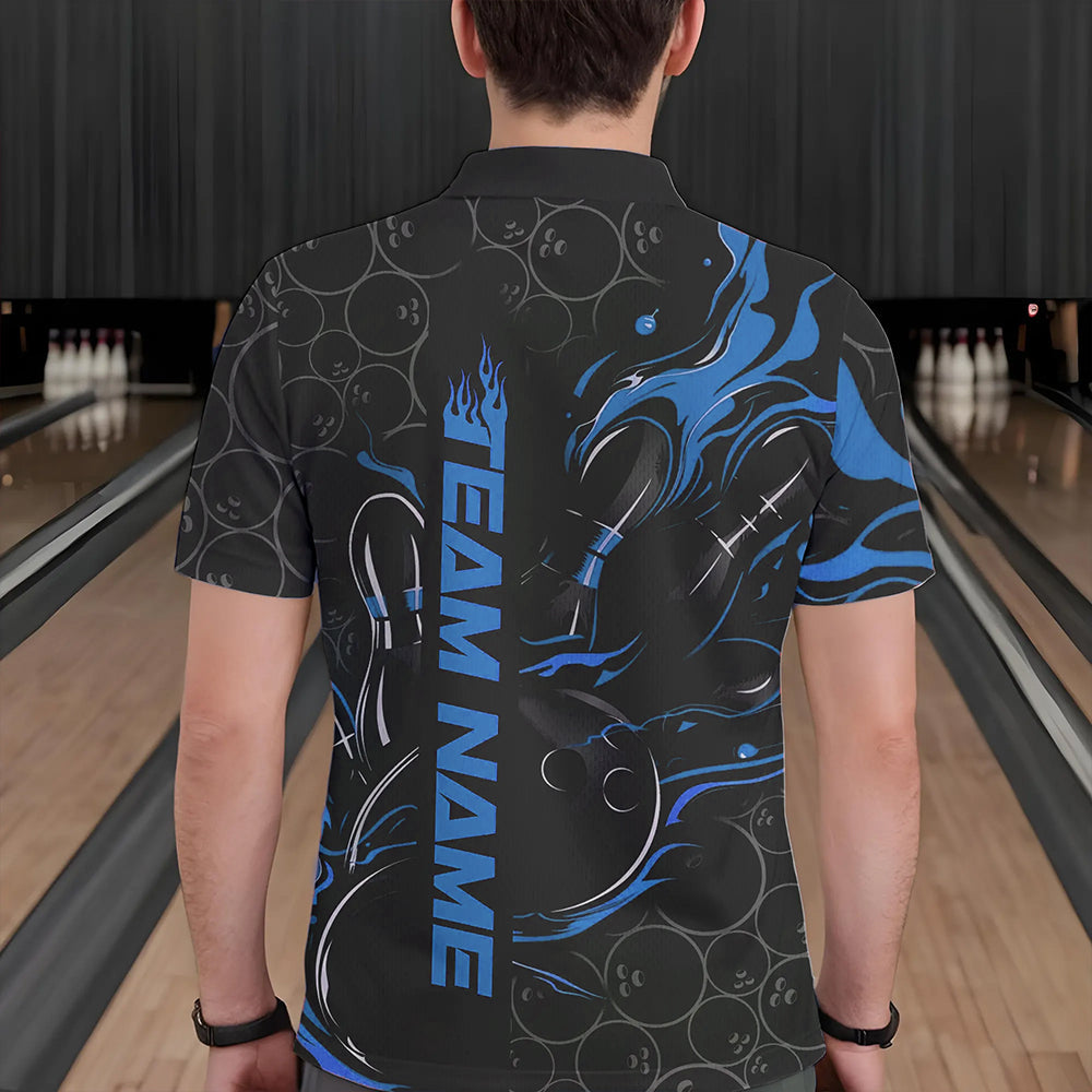 Custom Black And Blue Flame Strike Bowling Team Polo Shirts For Men, Strike Bowling Jerseys IPHW8611