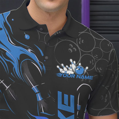Custom Black And Blue Flame Strike Bowling Team Polo Shirts For Men, Strike Bowling Jerseys IPHW8611