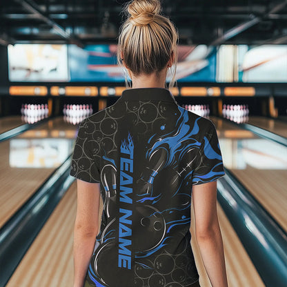 Custom Black And Blue Flame Strike Bowling Team Womens Polo Shirts, Strike Bowling Jerseys IPHW8611