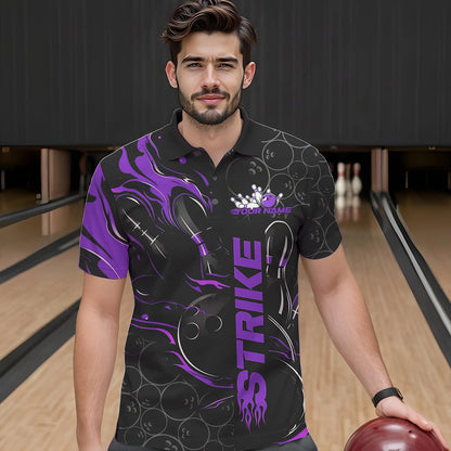 Custom Black And Purple Flame Strike Bowling Team Polo Shirts For Men, Strike Bowling Jerseys IPHW8612