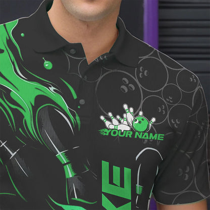 Custom Black And Green Flame Strike Bowling Team Polo Shirts For Men, Strike Bowling Jerseys IPHW8615