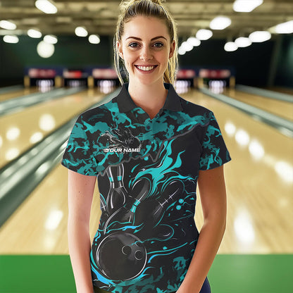 Custom Black And Blue Camo Flame Bowling Team Womens Polo Shirts, Bowling Tournament Shirt IPHW8623