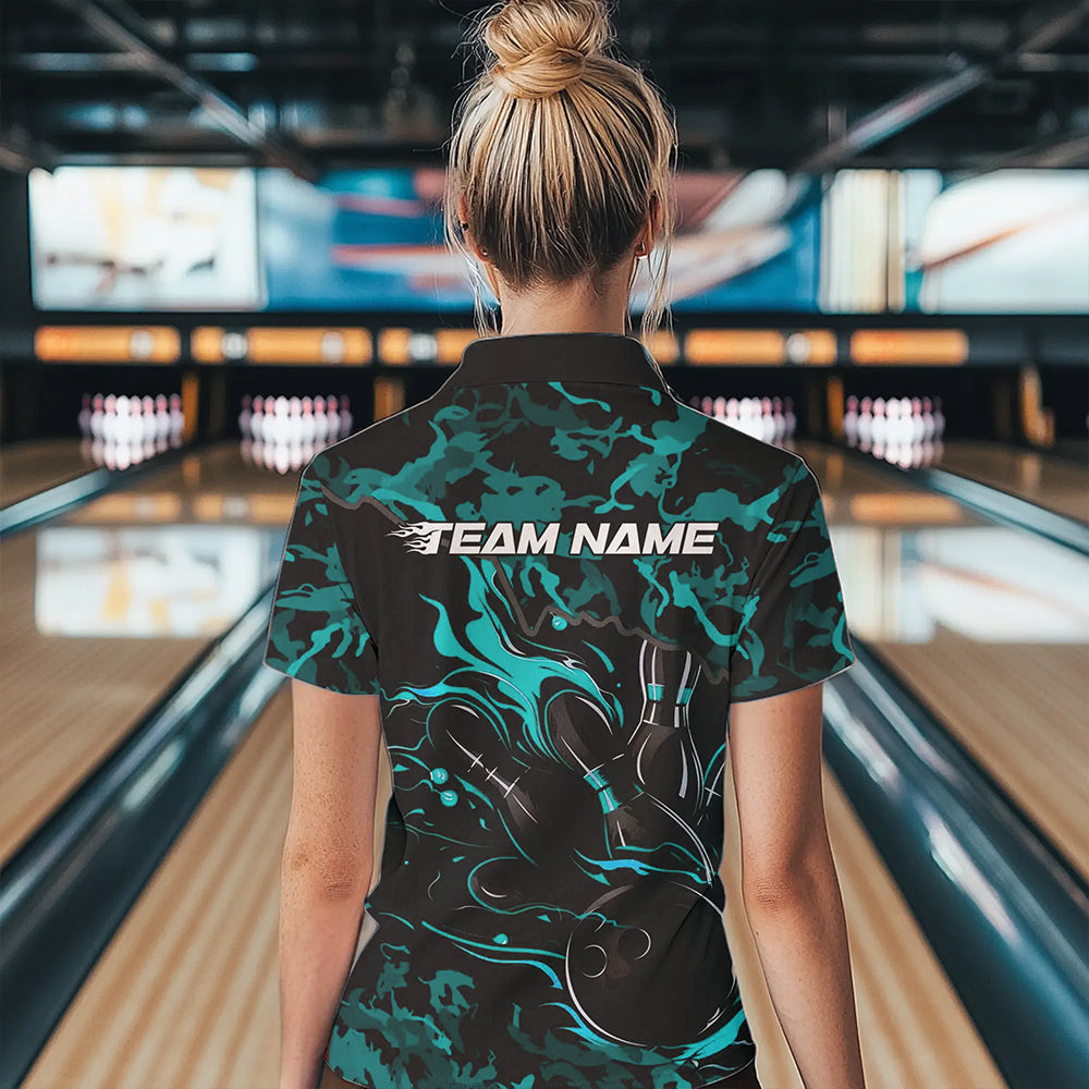 Custom Black And Blue Camo Flame Bowling Team Womens Polo Shirts, Bowling Tournament Shirt IPHW8623