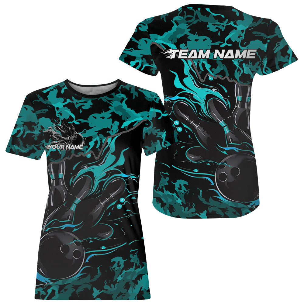 Custom Black And Blue Camo Flame Bowling Team T-Shirts For Women, Bowling Tournament IPHW8623