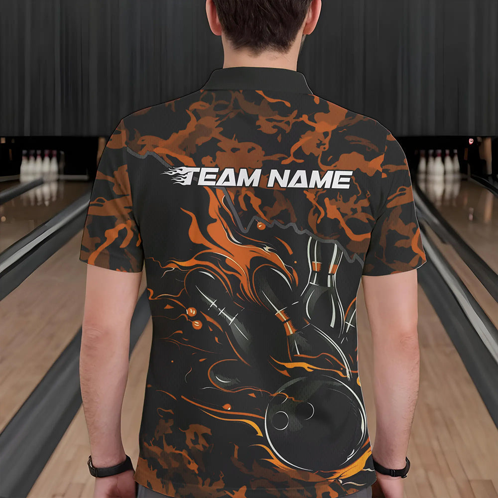 Custom Black And Orange Camo Flame Bowling Team Polo Shirts For Men, Bowling Tournament Shirt IPHW8624