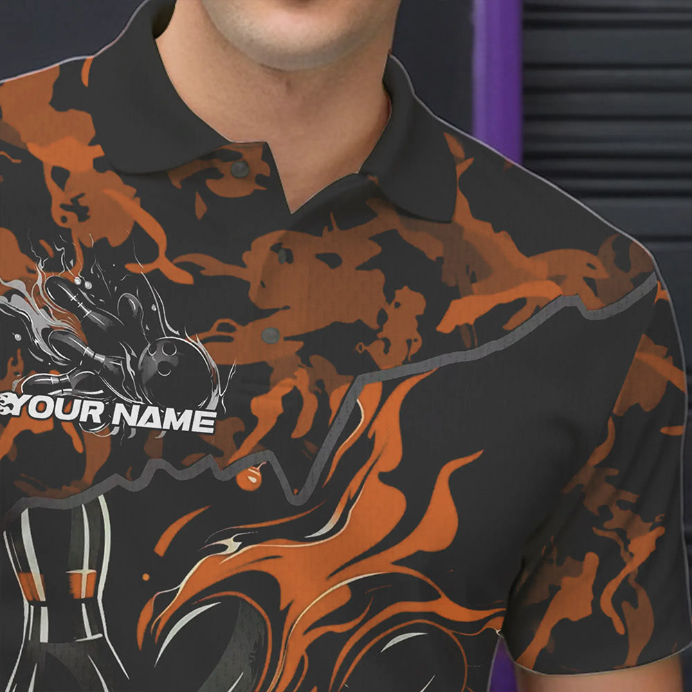 Custom Black And Orange Camo Flame Bowling Team Polo Shirts For Men, Bowling Tournament Shirt IPHW8624