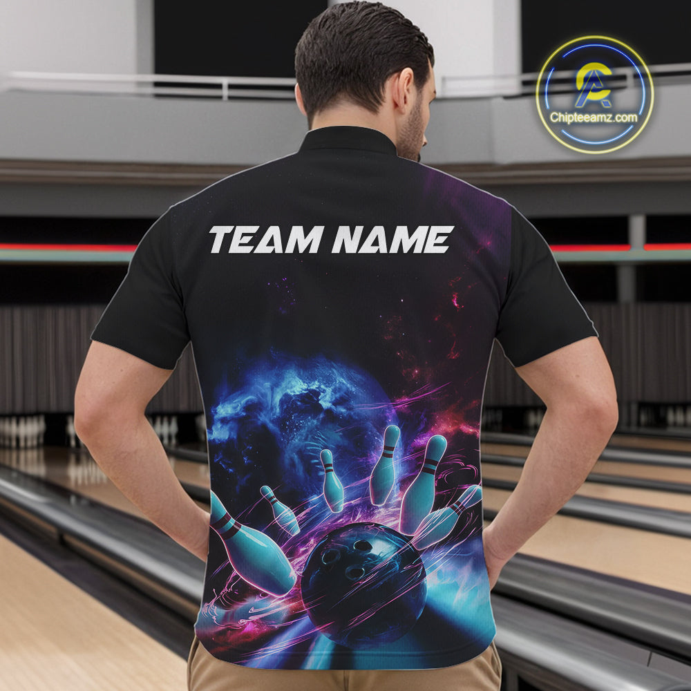 Custom Galaxy Bowling Men Quarter-Zip Shirts, Holographic Bowling Jersey Bowling League Shirt IPHW9499