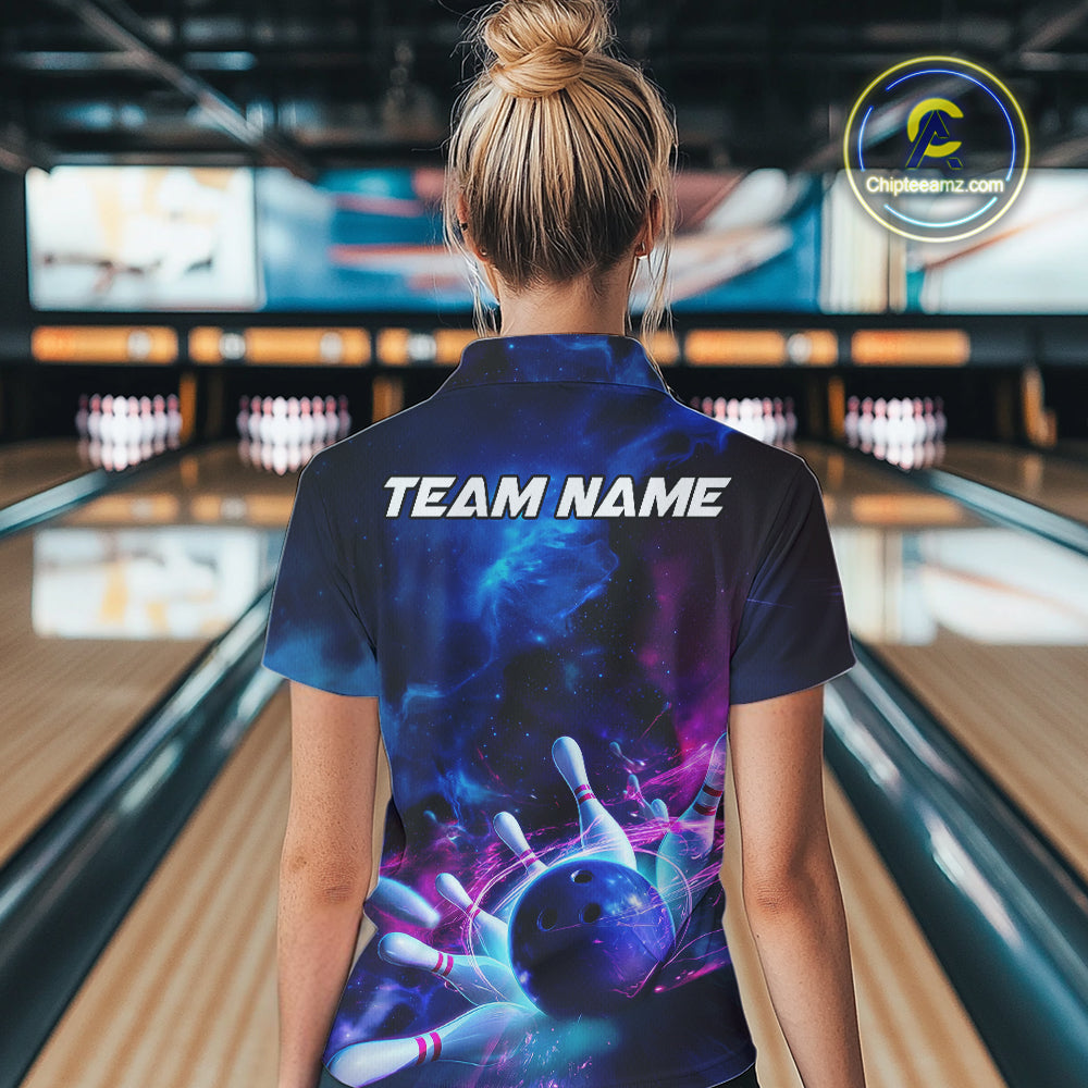 Custom Galaxy Bowling Women Polo Shirts, Holographic Bowling Jersey Bowling League Shirt IPHW9500