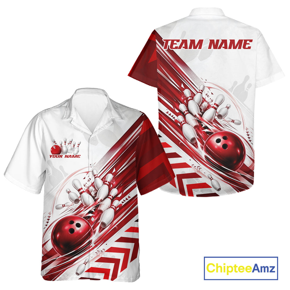 White short-sleeve bowling-themed polo shirt shown from the front and back, featuring red and white bowling ball and pin graphics, customizable text placeholders