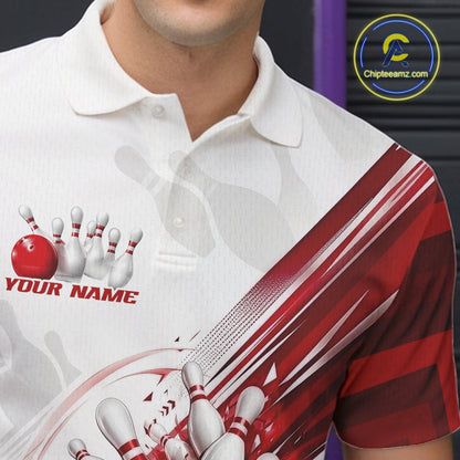 A close-up of a white polo shirt with bowling-themed graphics, including a red bowling ball, white bowling pins, and red-and-white diagonal stripes. The shirt has a placeholder text 'YOUR NAME'