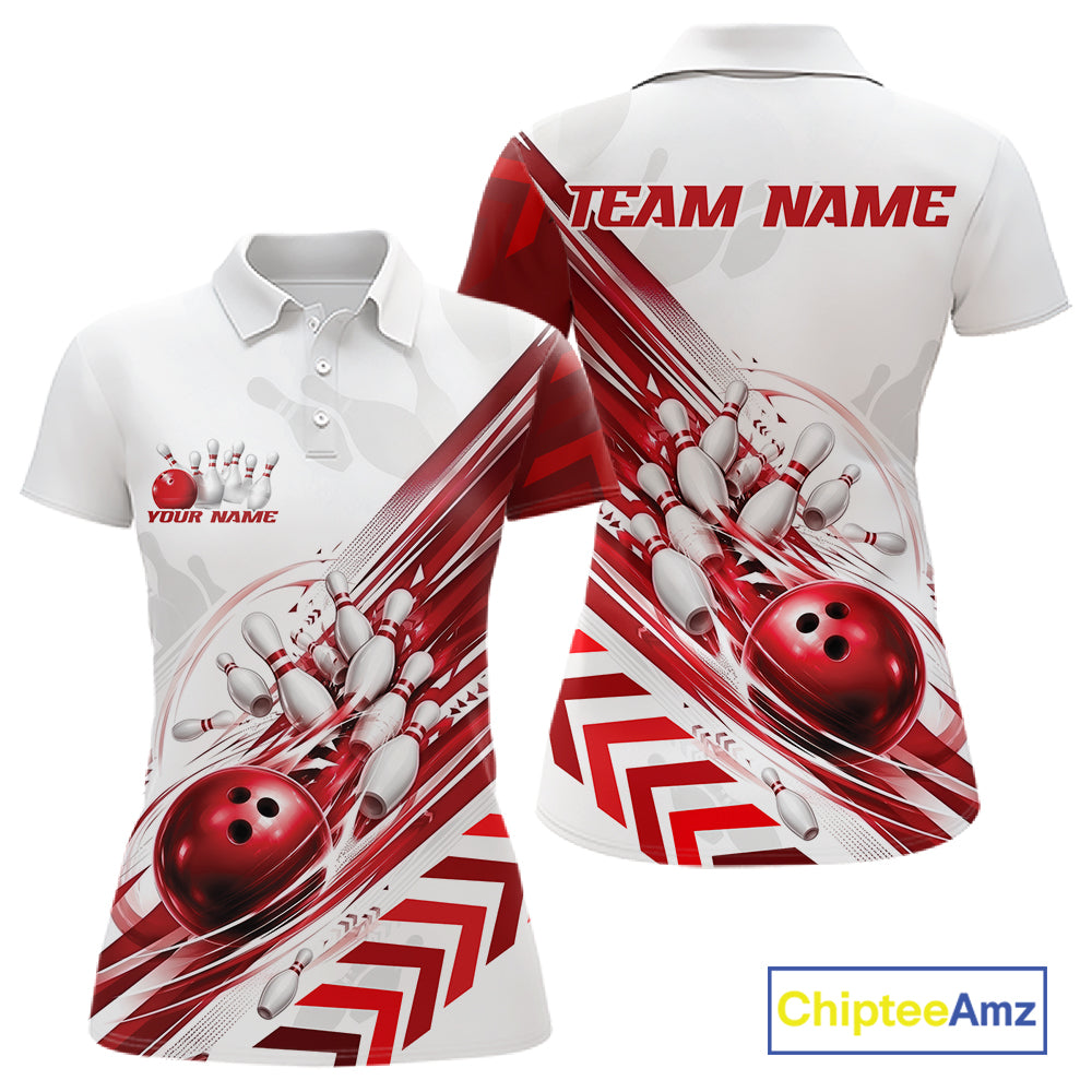 White short-sleeve polo shirt shown from the front and back, featuring a red and white bowling-themed graphic print with bowling balls, pins, and the text 'TEAM NAME' and 'YOUR NAME'.