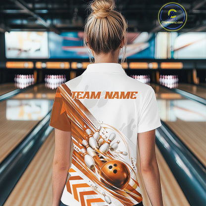 Custom White And Orange Motion Speed Bowling Team Women Polo Shirt, Bowling Jerseys IPHW11648