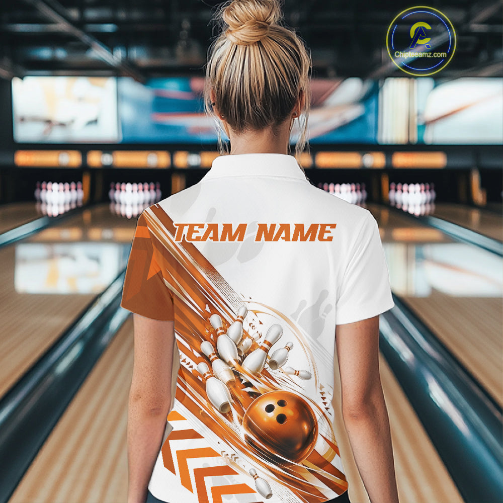 A woman viewed from behind wearing a white short-sleeve bowling-themed polo shirt with a large orange and brown graphic print on the back. The shirt features the text 'TEAM NAME' and a design with bowling pins, balls, and bowling alley lanes in the background.