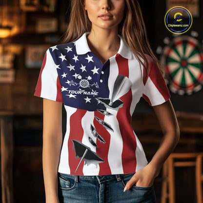 Custom Patriotic US Flag Silver Dart Steel Tip Dart Women Polo Shirt, Dart Team Jerseys IPHW9875