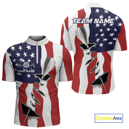 Custom Patriotic US Flag Silver Dart Steel Tip Dart Men Quarter-Zip Shirt, Dart Team Jerseys IPHW9875