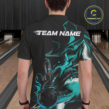 Load image into Gallery viewer, Custom Black And Turquoise Blue Camo Flame Bowling Team Men Polo Shirts, Bowling Jerseys IPHW9878