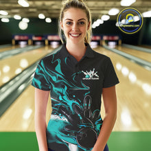 Load image into Gallery viewer, Custom Black And Turquoise Blue Camo Flame Bowling Team Women Polo Shirt, Bowling Jerseys IPHW9878