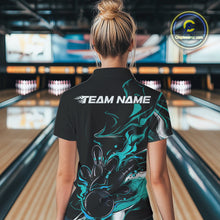 Load image into Gallery viewer, Custom Black And Turquoise Blue Camo Flame Bowling Team Women Polo Shirt, Bowling Jerseys IPHW9878