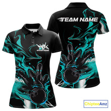 Load image into Gallery viewer, Custom Black And Turquoise Blue Camo Flame Bowling Team Women Polo Shirt, Bowling Jerseys IPHW9878