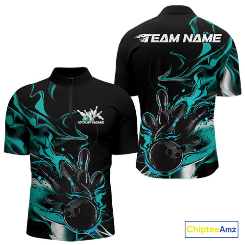 Custom Black And Turquoise Blue Camo Flame Bowling Team Men Quarter-Zip Shirts, Bowling Jerseys IPHW9878