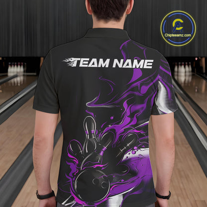Custom Black And Purple Camo Flame Bowling Team Polo Shirts For Men, Bowling Jerseys IPHW9879