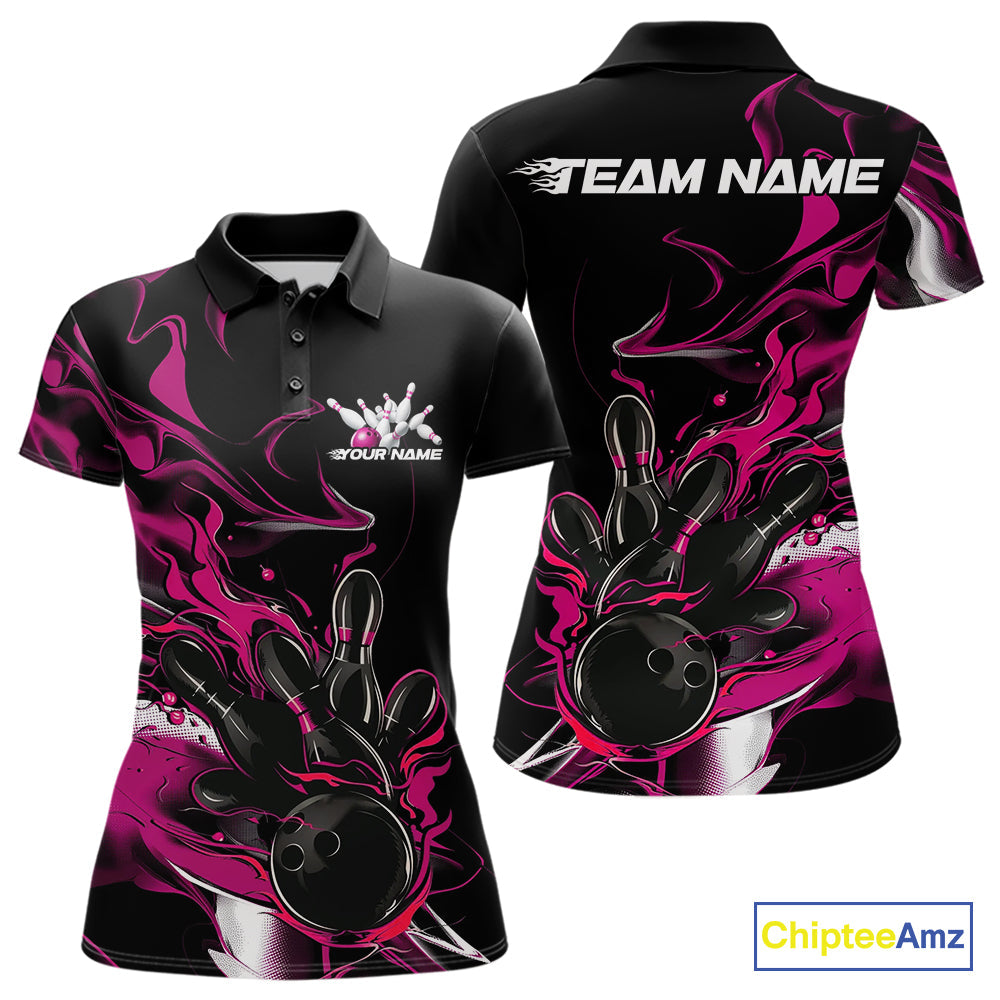 Custom Black And Pink Camo Flame Bowling Team Polo Shirts For Women, Bowling Jerseys IPHW9880