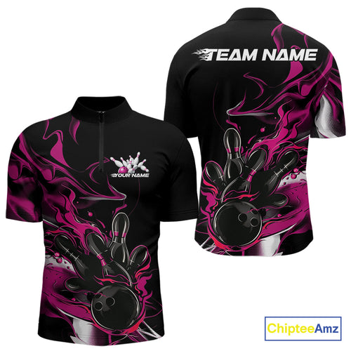 Custom Black And Pink Camo Flame Bowling Team Quarter-Zip Shirts For Men, Bowling Jerseys IPHW9880
