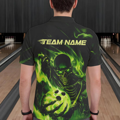 Black And Green Flame Skull Custom Bowling Polo Shirts For Men, Skeleton Bowling Team Shirt IPHW8400