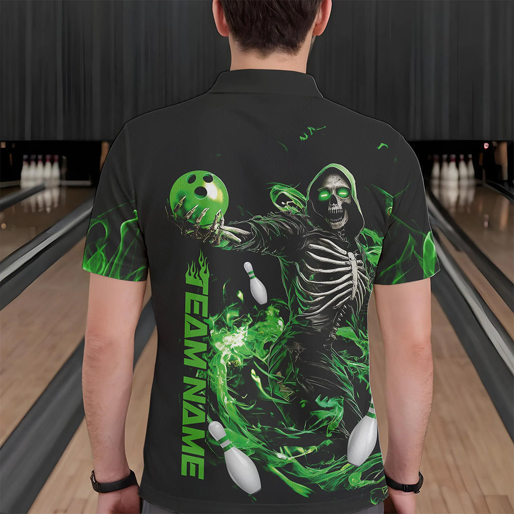 Custom Black And Green Skeleton Bowling Polo Shirts For Men, Skull Bowling Tournament Shirt IPHW8410