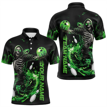 Custom Black And Green Skeleton Bowling Polo Shirts For Men, Skull Bowling Tournament Shirt IPHW8410