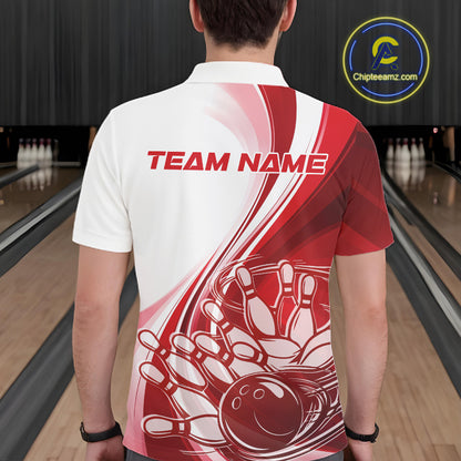 Back view of a male model in a bowling venue wearing a white and red polo shirt, showcasing a dynamic curved bowling ball hitting pins design.