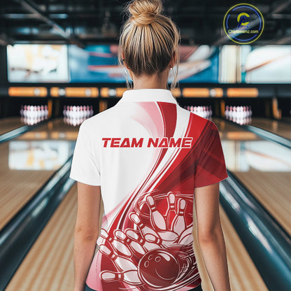 Back view of a female model in a bowling venue wearing a white and red polo shirt, showcasing a sweeping bowling strike illustration with motion effects.