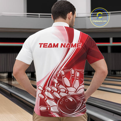 Male model in a bowling venue wearing a white and red quarter zip shirt, featuring a sweeping motion bowling ball hitting pins illustration.